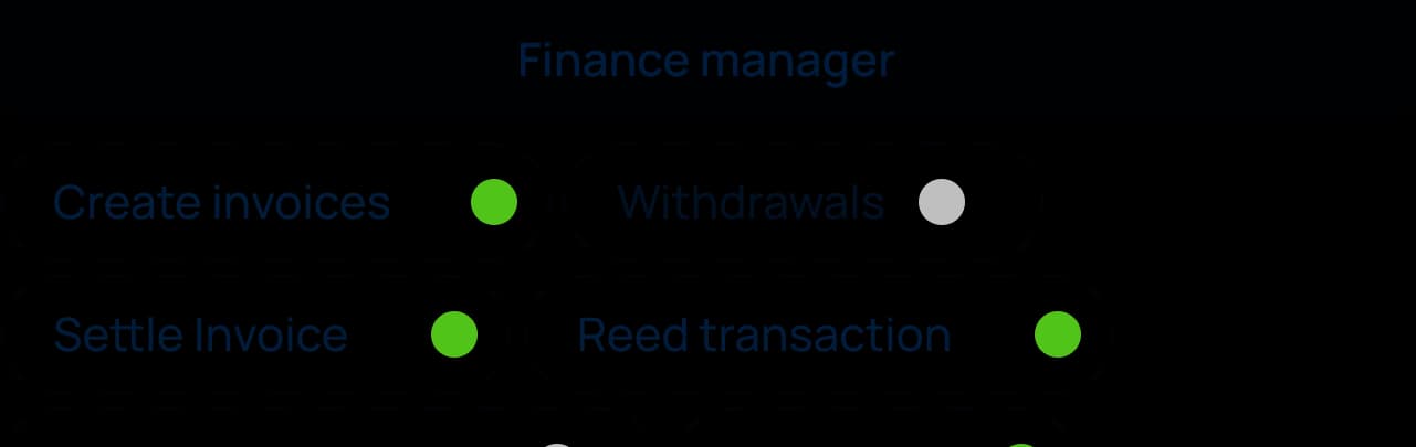 A user interface screen titled Finance Manager displays toggles: Create invoices (on), Withdrawals (off), Settle Invoice (on), and Reed transaction (on) for managing business crypto wallets and customizable payment solutions.
