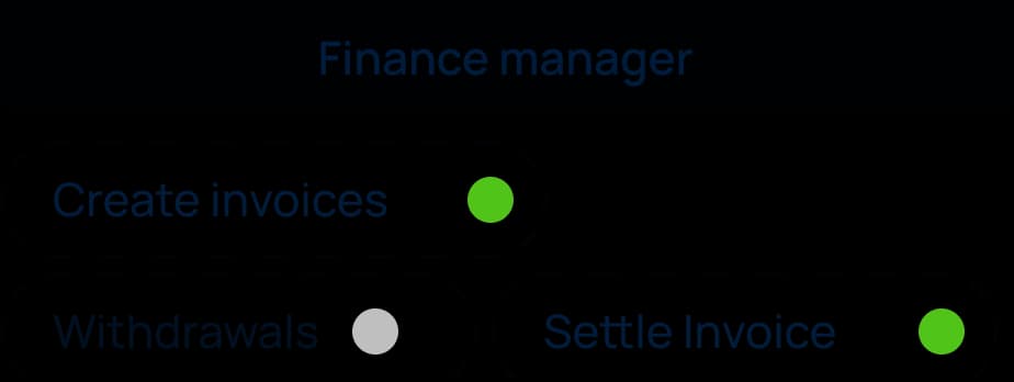 A user interface screen titled Finance Manager displays toggles: Create invoices (on), Withdrawals (off), Settle Invoice (on), and Reed transaction (on) for managing business crypto wallets and customizable payment solutions.